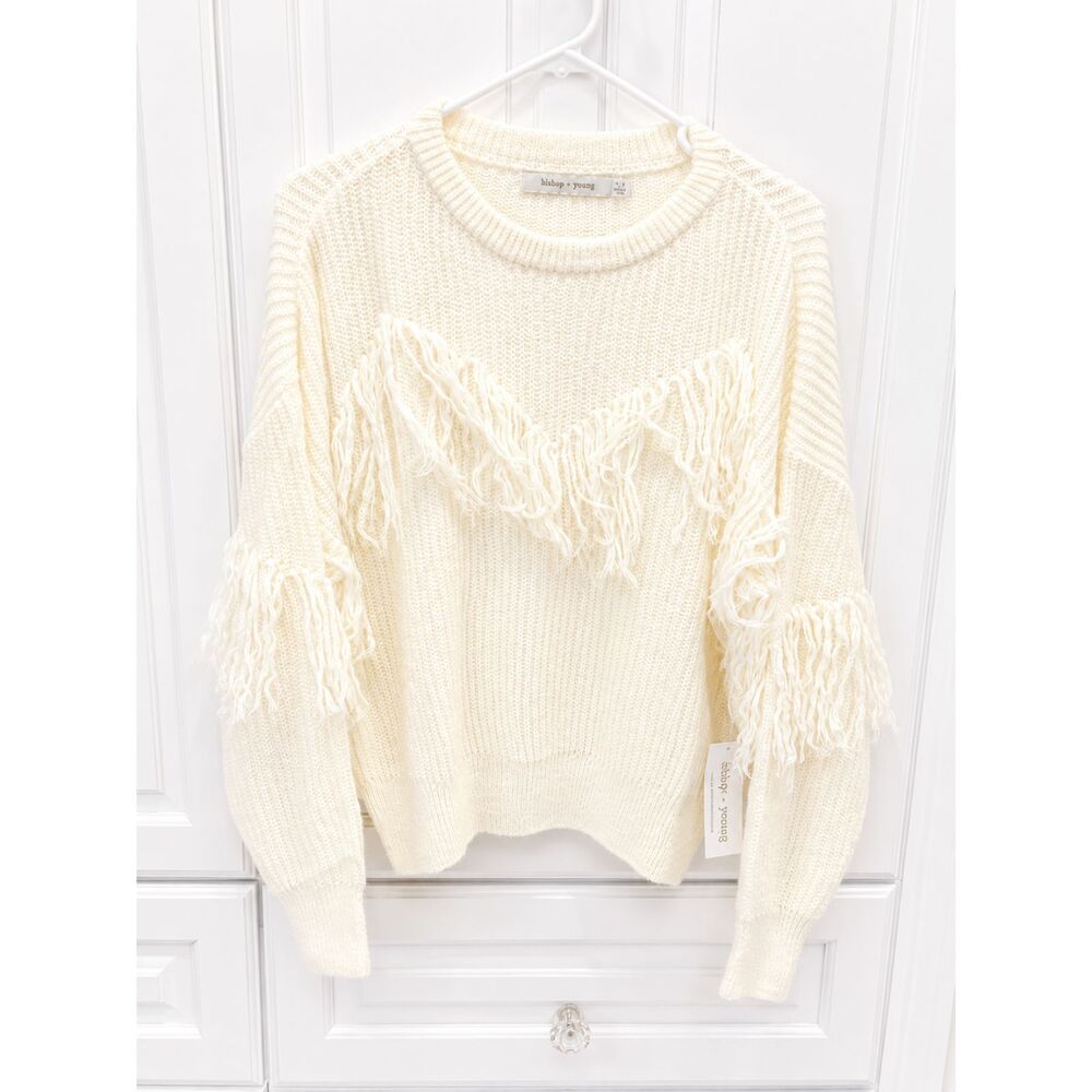 NWT Bishop + Young Glam Slam Fringe Sweater Ivory Mohair Blend Boho Small